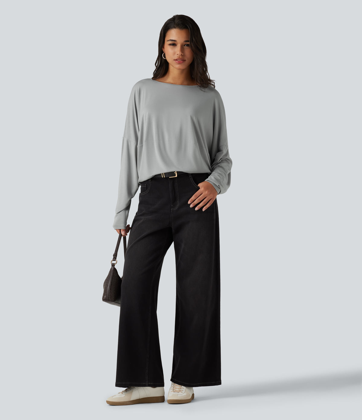 Round Neck Long Sleeve Relaxed Casual Top — Pigeon — view 6