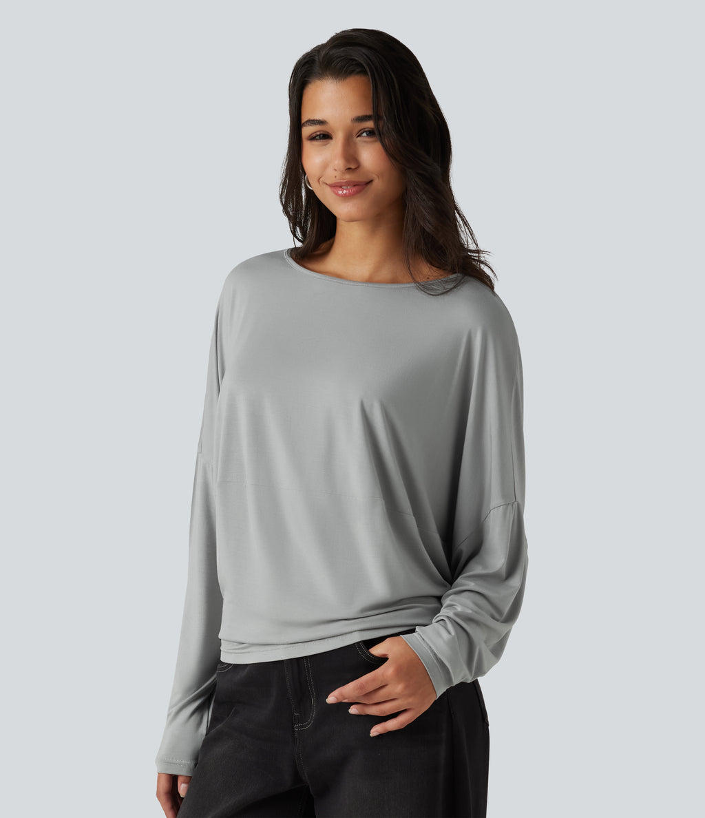 Round Neck Long Sleeve Relaxed Casual Top — Pigeon — view 3