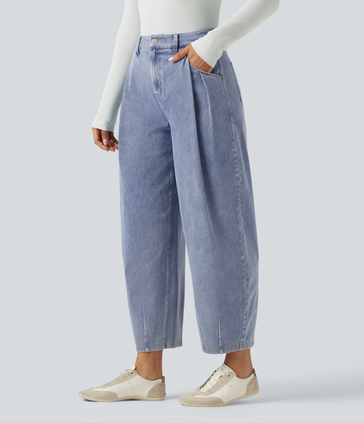 High Waisted Barrel Leg Casual Jeans with Pockets — Powder Blue Denim — view 3