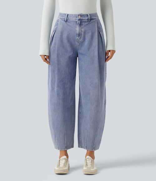 High Waisted Barrel Leg Casual Jeans with Pockets — Powder Blue Denim — view 1