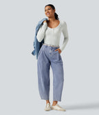 High Waisted Barrel Leg Casual Jeans with Pockets — Powder Blue Denim — view 7