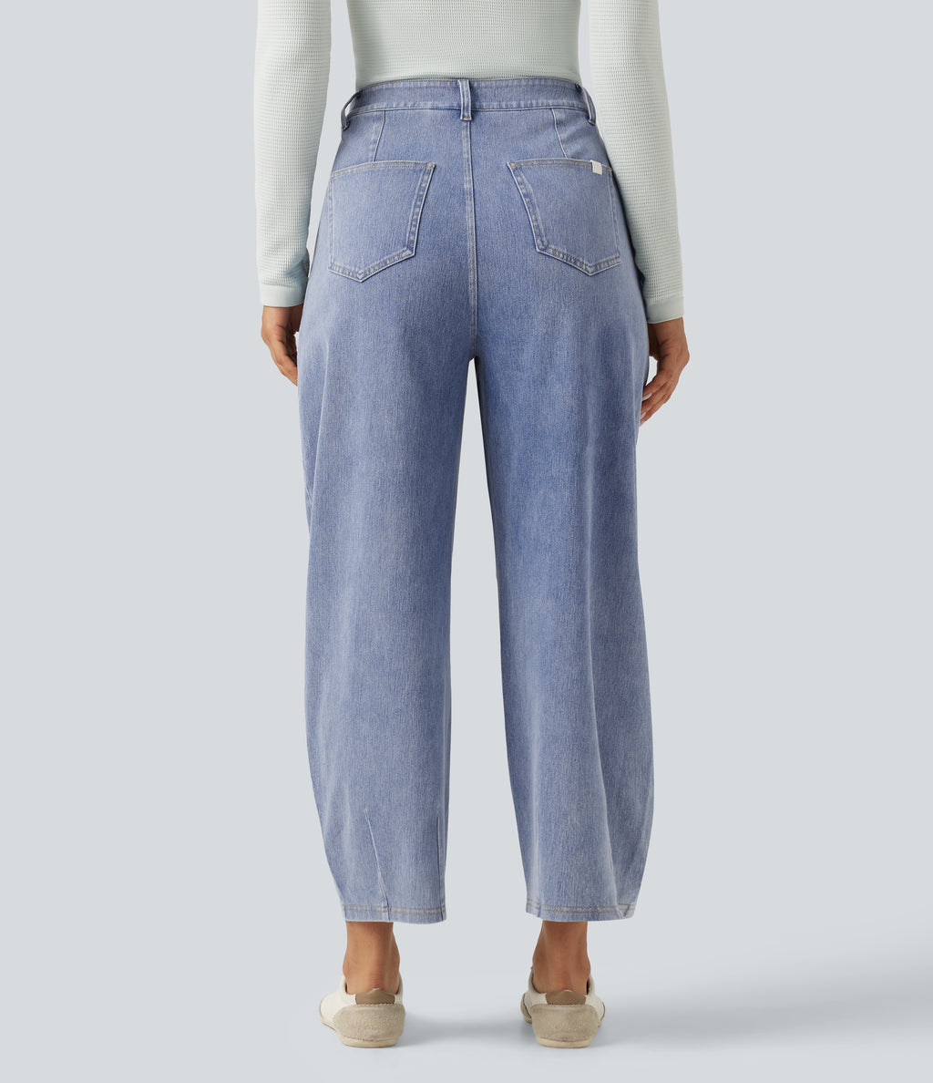 High Waisted Barrel Leg Casual Jeans with Pockets — Powder Blue Denim — view 2