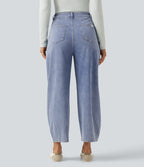 High Waisted Barrel Leg Casual Jeans with Pockets — Powder Blue Denim — view 2