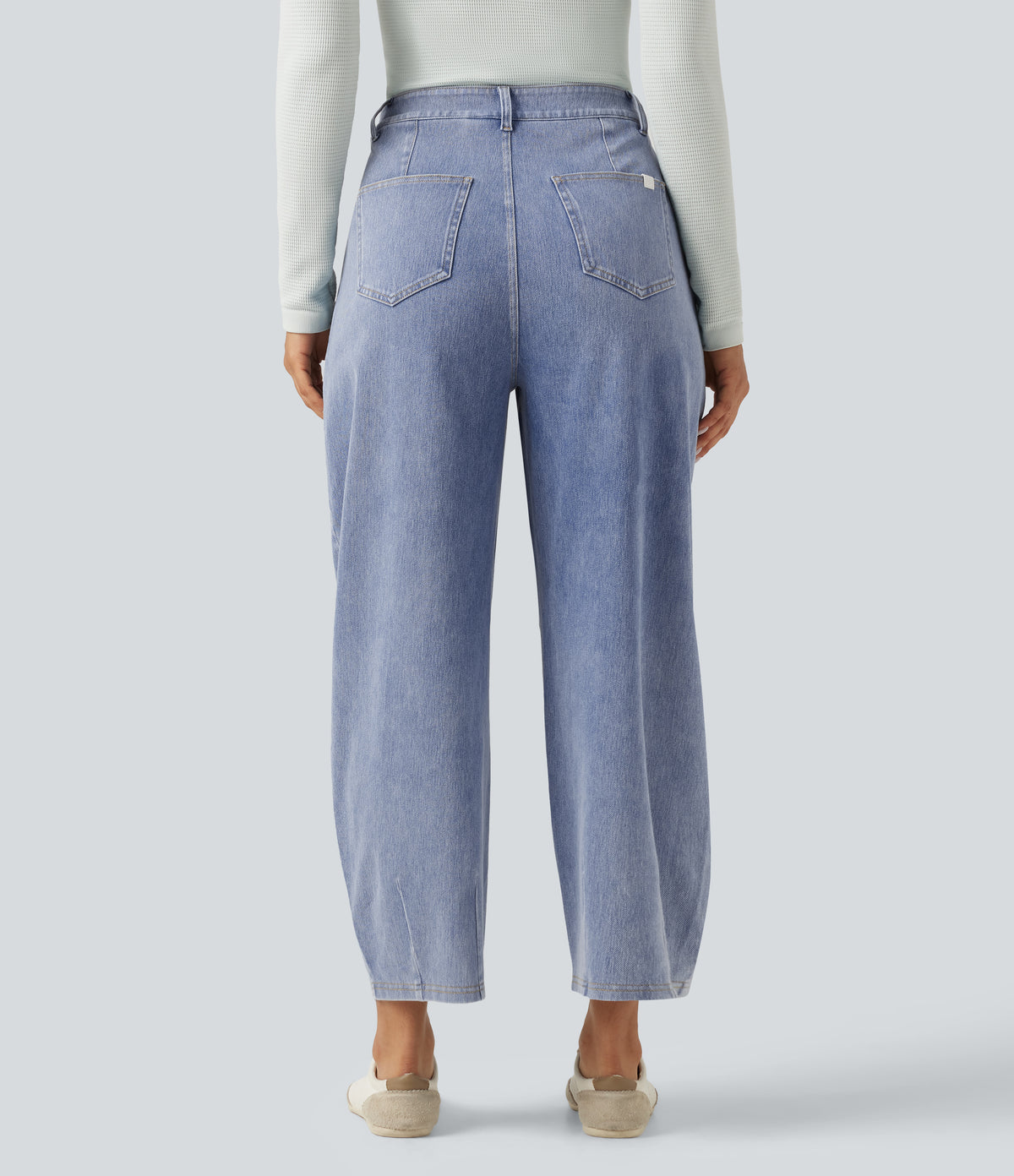 High Waisted Barrel Leg Casual Jeans with Pockets — Powder Blue Denim — view 2