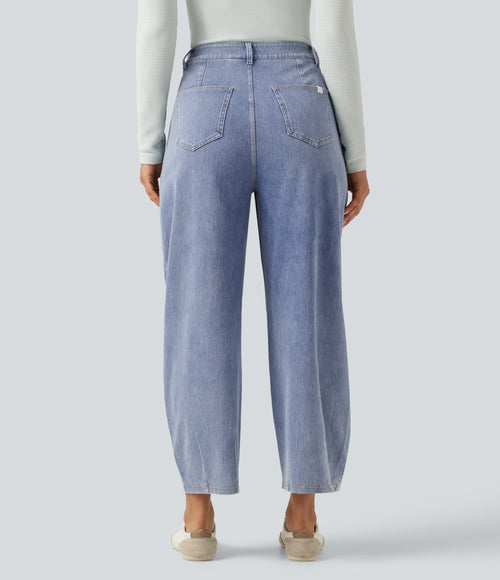 High Waisted Barrel Leg Casual Jeans with Pockets — Powder Blue Denim — view 2