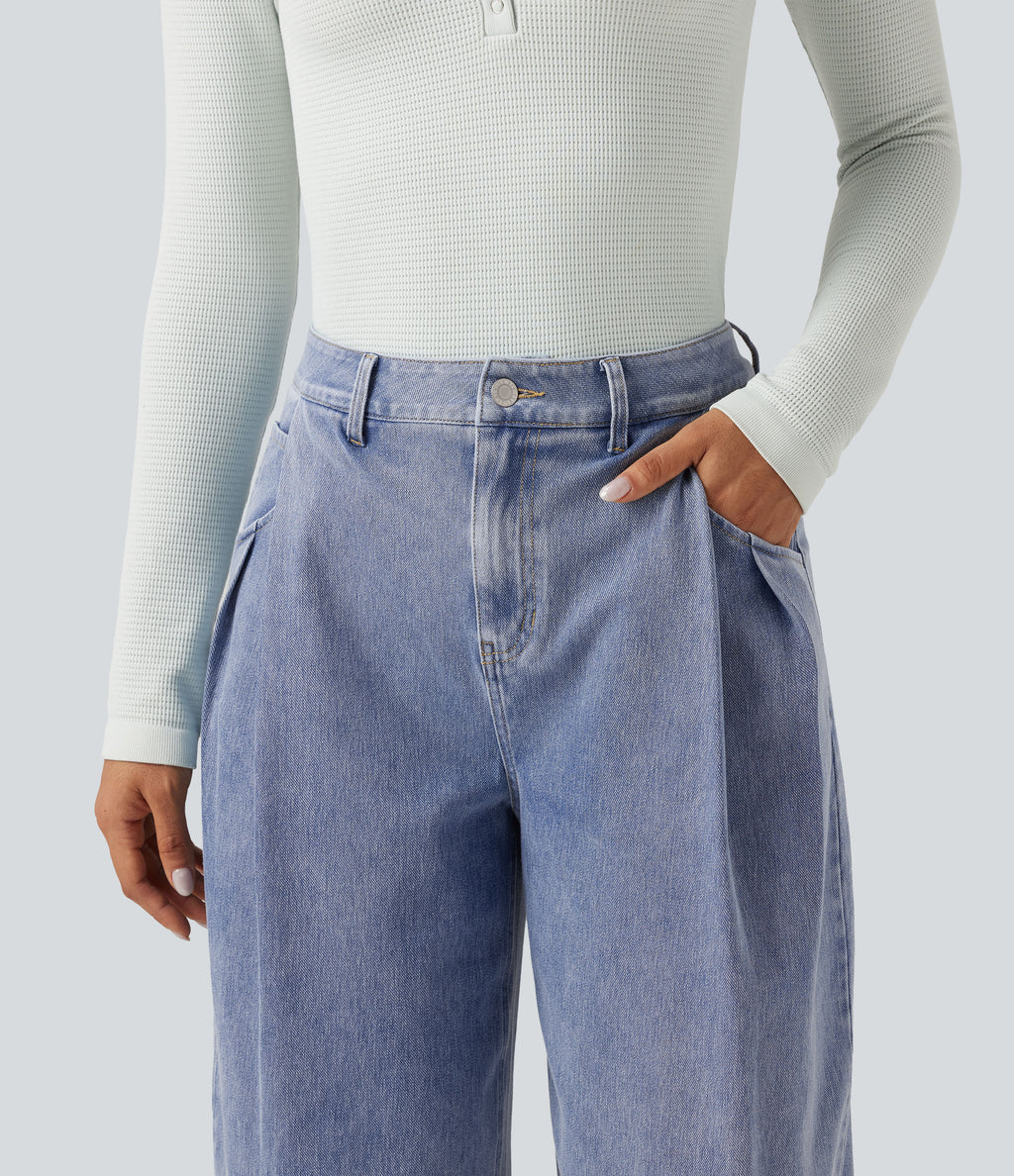 High Waisted Barrel Leg Casual Jeans with Pockets — Powder Blue Denim — view 4