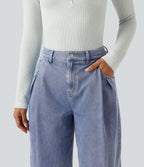 High Waisted Barrel Leg Casual Jeans with Pockets — Powder Blue Denim — view 4