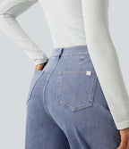 High Waisted Barrel Leg Casual Jeans with Pockets — Powder Blue Denim — view 5
