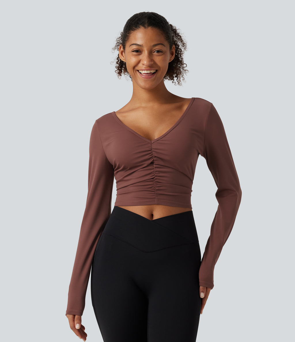 Airy V Neck Ruched Long Sleeve Cut Out InstantCool Cropped Yoga Sports Top-UPF50+ — Sable — view 4
