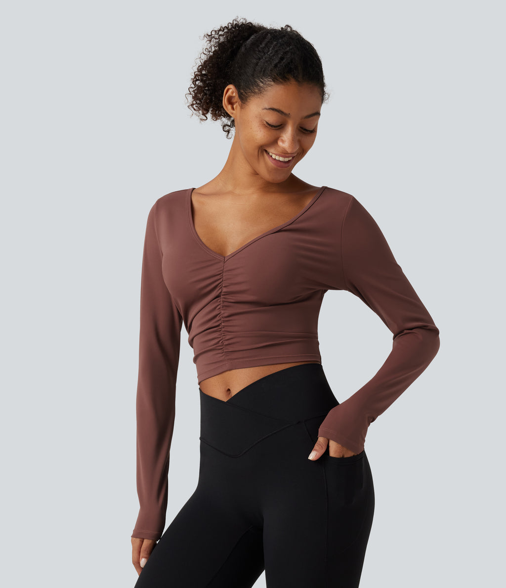 Airy V Neck Ruched Long Sleeve Cut Out InstantCool Cropped Yoga Sports Top-UPF50+ — Sable — view 3