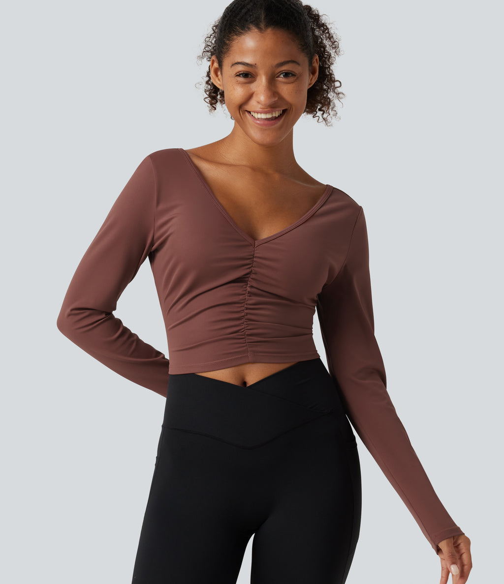 Airy V Neck Ruched Long Sleeve Cut Out InstantCool Cropped Yoga Sports Top-UPF50+ — Sable — view 1