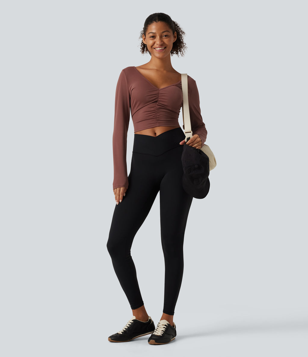 Airy V Neck Ruched Long Sleeve Cut Out InstantCool Cropped Yoga Sports Top-UPF50+ — Sable — view 7
