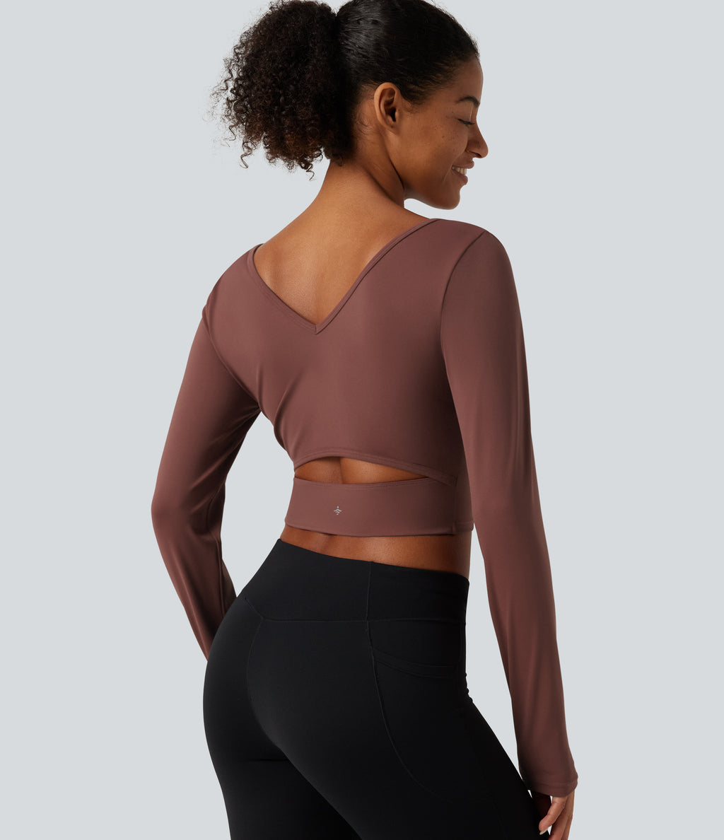 Airy V Neck Ruched Long Sleeve Cut Out InstantCool Cropped Yoga Sports Top-UPF50+ — Sable — view 5