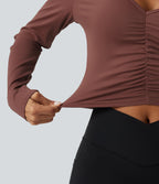 Airy V Neck Ruched Long Sleeve Cut Out InstantCool Cropped Yoga Sports Top-UPF50+ — Sable — view 6