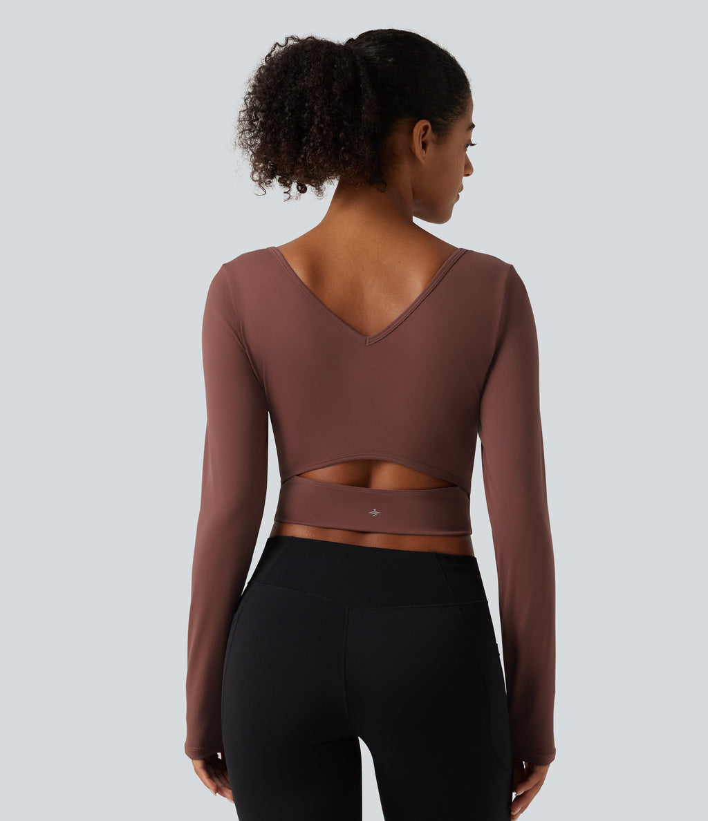 Airy V Neck Ruched Long Sleeve Cut Out InstantCool Cropped Yoga Sports Top-UPF50+ — Sable — view 2