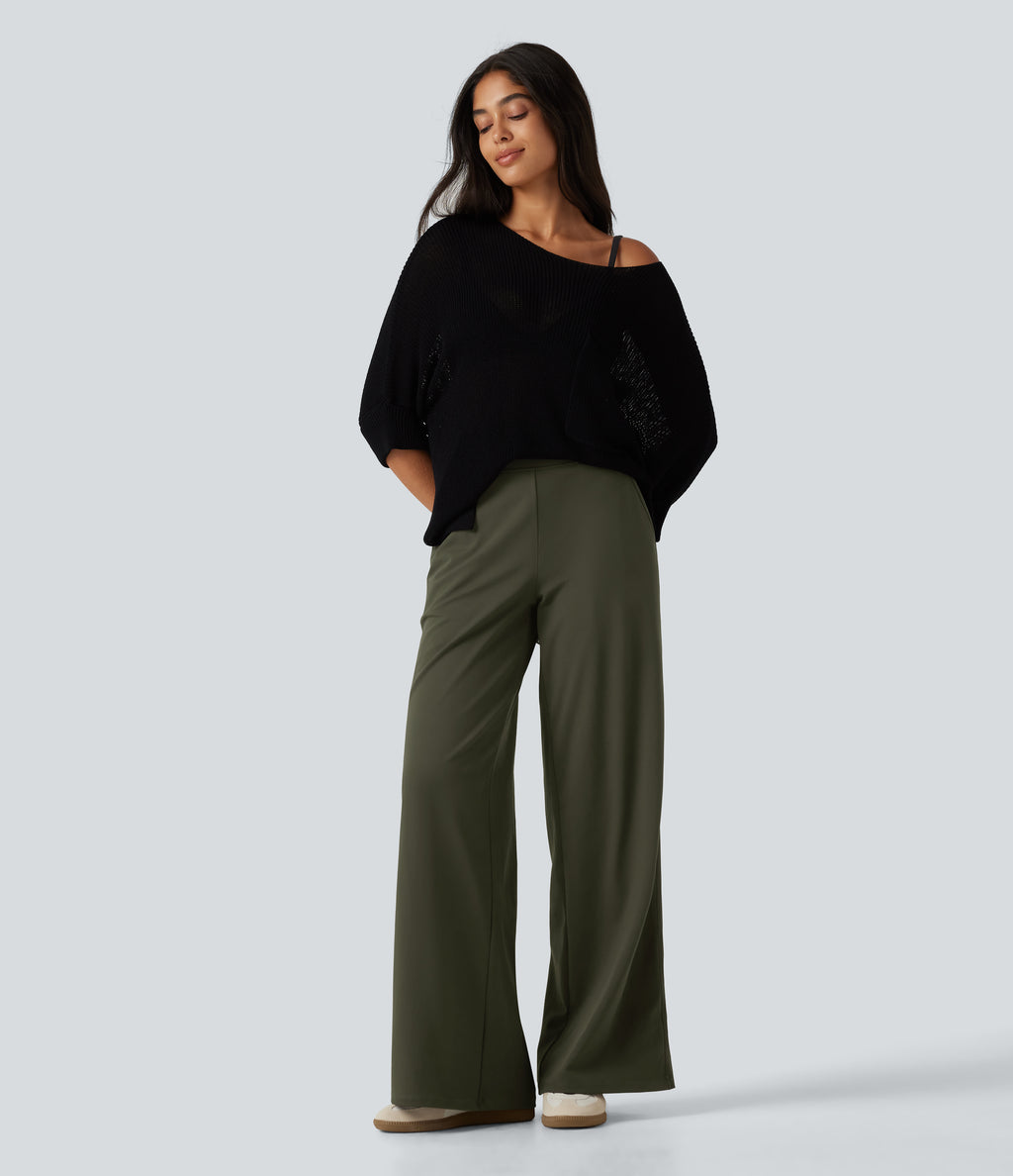 High Waisted Wide Leg Casual Trousers with Pockets — Forest Night — view 7