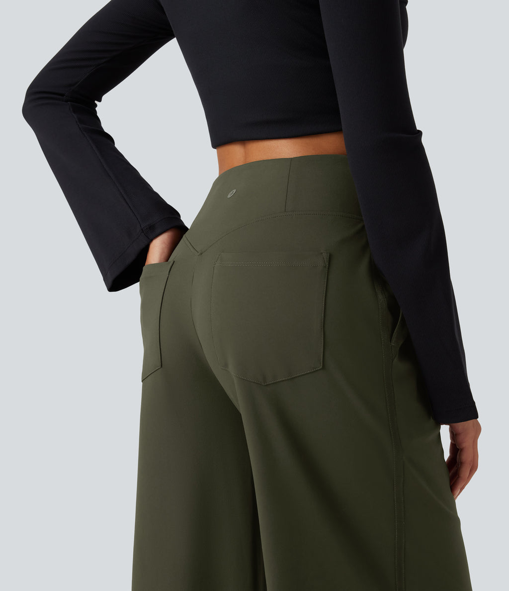 High Waisted Wide Leg Casual Trousers with Pockets — Forest Night — view 5