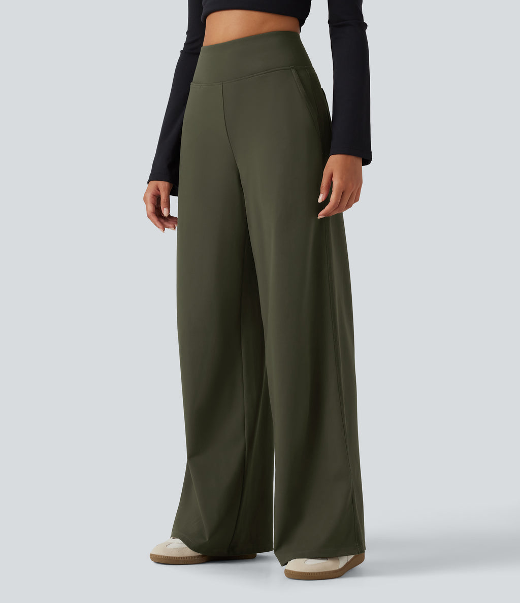 High Waisted Wide Leg Casual Trousers with Pockets — Forest Night — view 1