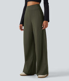 High Waisted Wide Leg Casual Trousers with Pockets — Forest Night — view 1