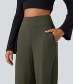 High Waisted Wide Leg Casual Trousers with Pockets — Forest Night — view 4