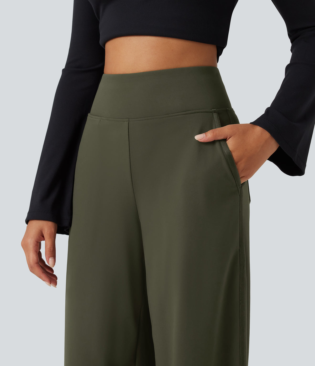 High Waisted Wide Leg Casual Trousers with Pockets — Forest Night — view 4