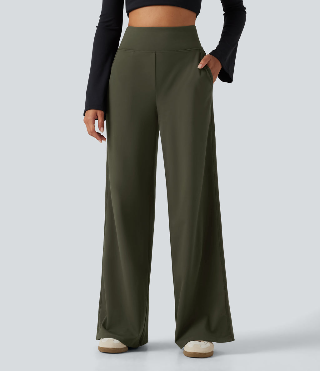 High Waisted Wide Leg Casual Trousers with Pockets — Forest Night — view 3