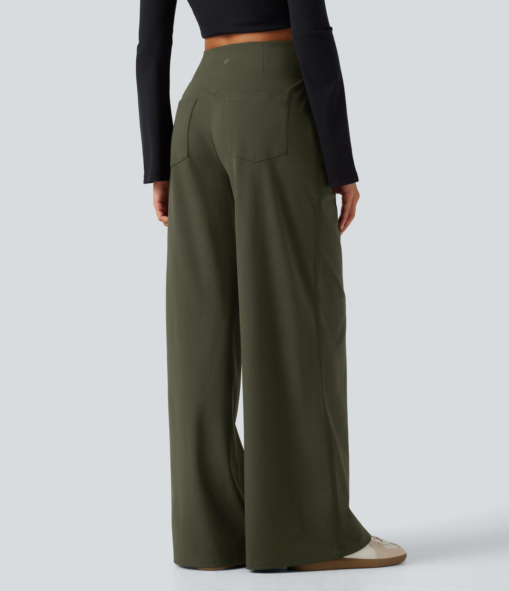 High Waisted Wide Leg Casual Trousers with Pockets — Forest Night — view 2