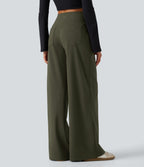 High Waisted Wide Leg Casual Trousers with Pockets — Forest Night — view 2