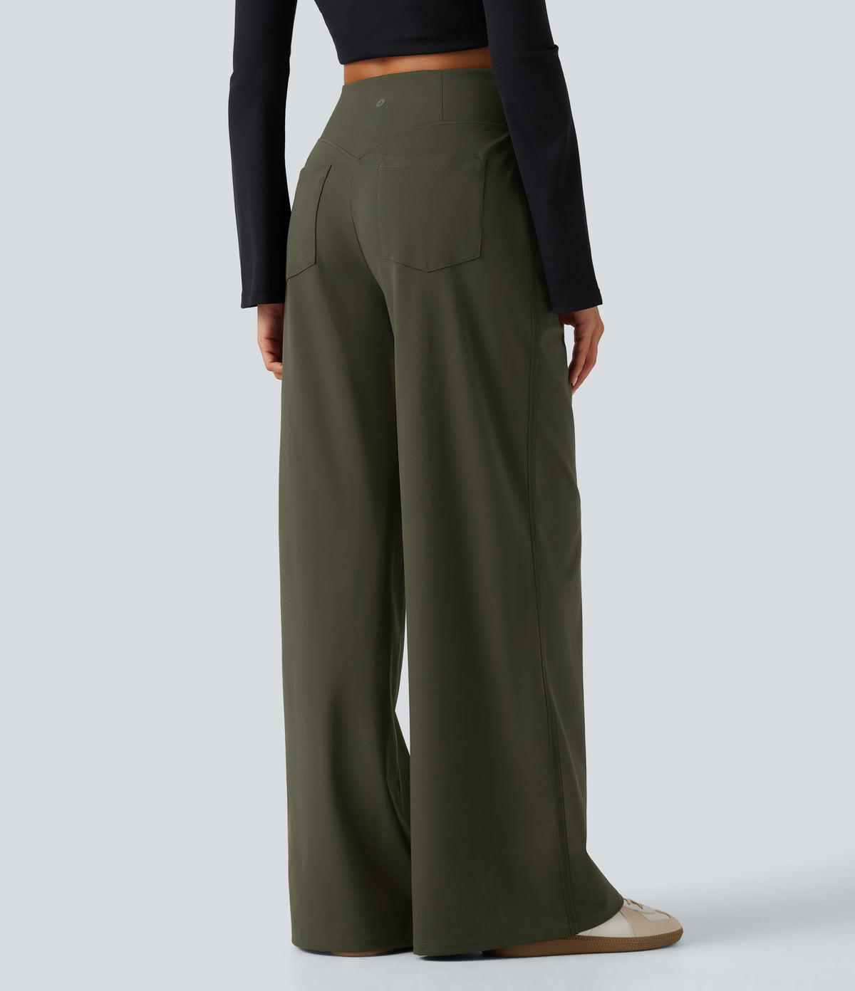 High Waisted Wide Leg Casual Trousers with Pockets — Forest Night — view 2