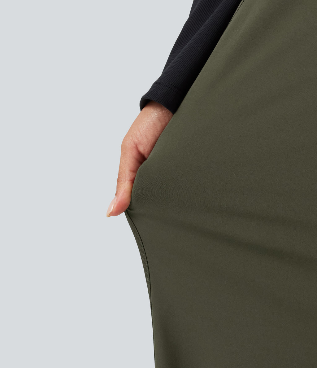 High Waisted Wide Leg Casual Trousers with Pockets — Forest Night — view 6
