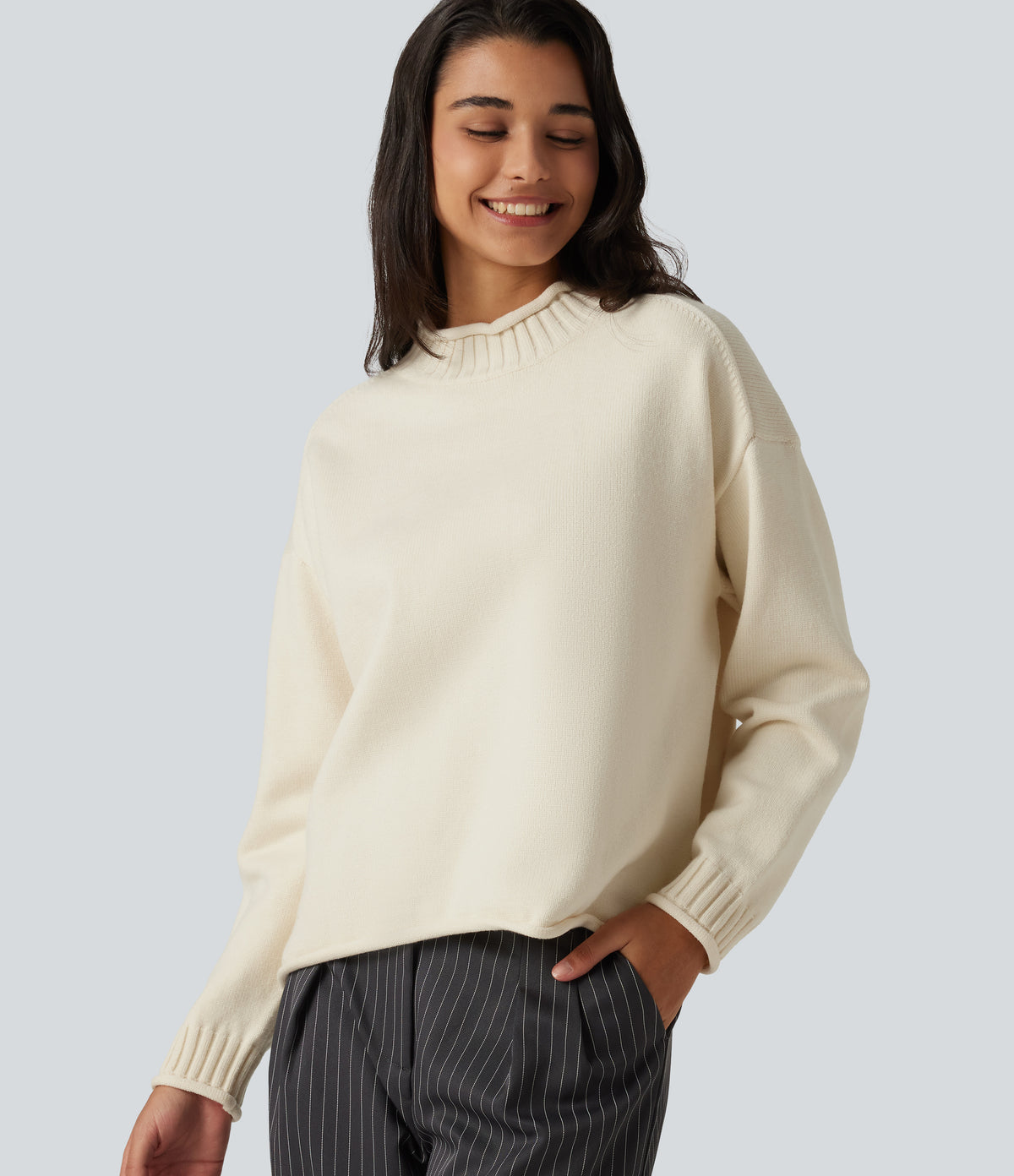 Mock Neck Long Sleeve Work Jumper — Turtledove — view 5