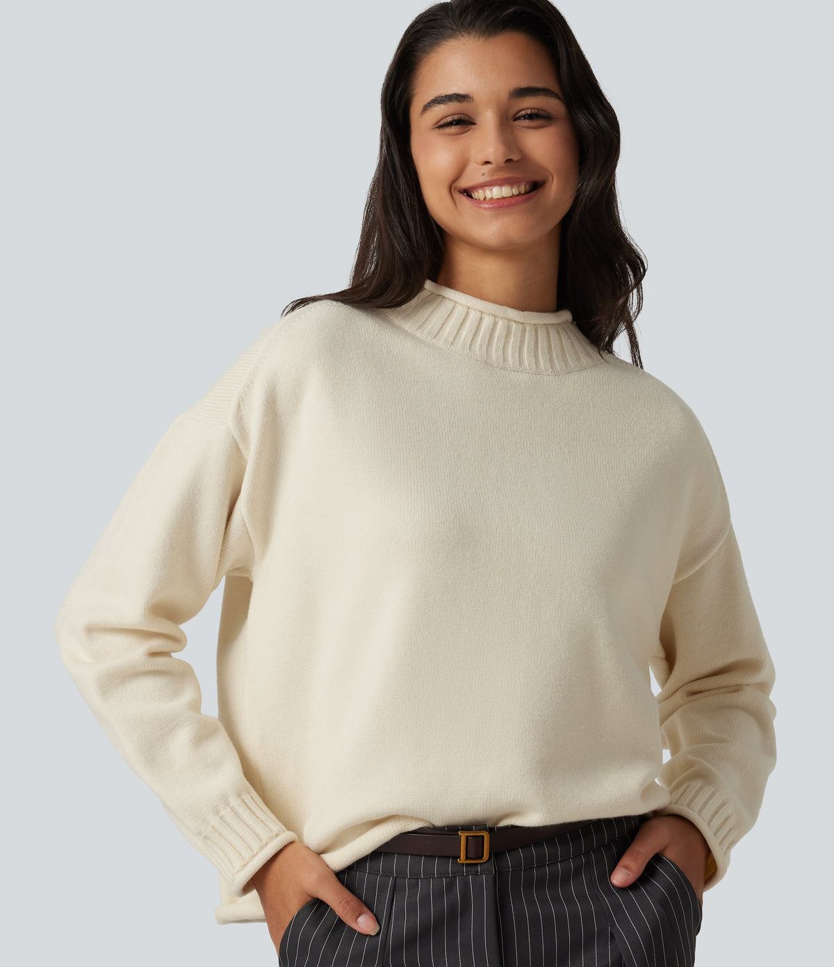 Mock Neck Long Sleeve Work Jumper — Turtledove — view 1