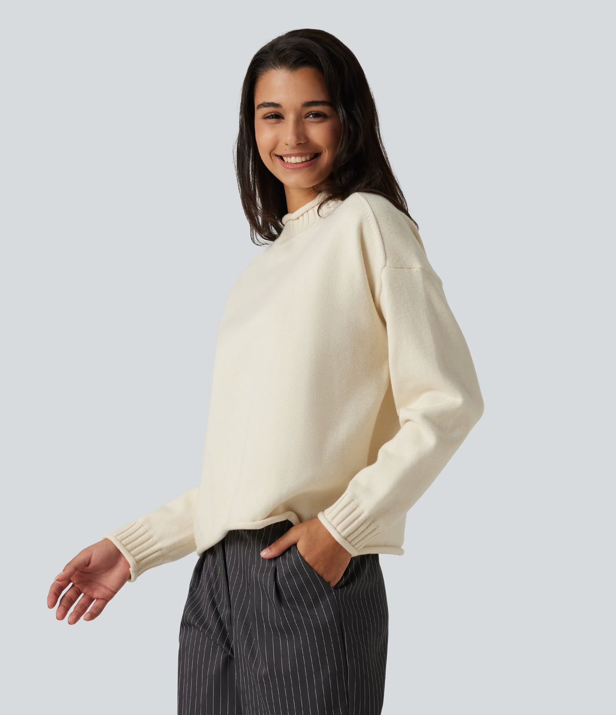Mock Neck Long Sleeve Work Jumper — Turtledove — view 3