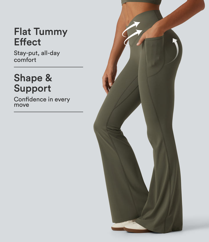 High Waisted Crossover Scrunch Butt Lifting Tummy Control Shaping Yoga Flare Leggings with Pockets — Grass Grey Green — view 1