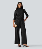 Stand Collar Long Sleeve Straight Leg Jumpsuit with Pockets-Edition — Black — view 8