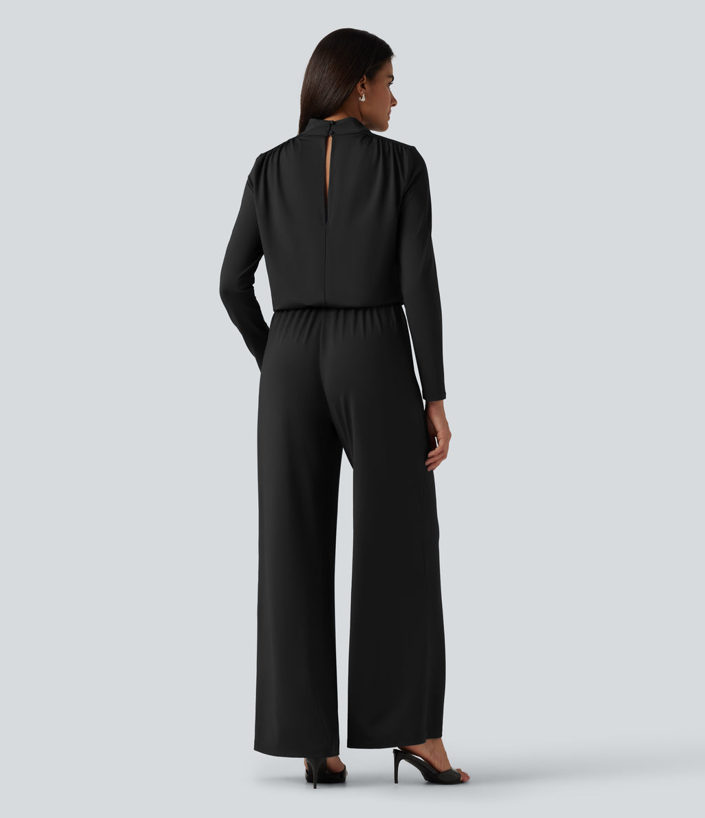 Stand Collar Long Sleeve Straight Leg Jumpsuit with Pockets-Edition — Black — view 2