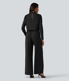 Stand Collar Long Sleeve Straight Leg Jumpsuit with Pockets-Edition — Black — view 2