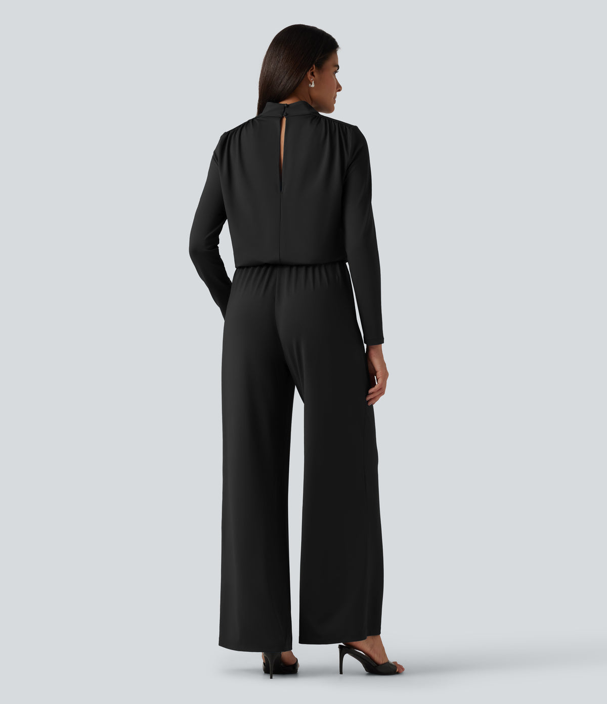 Stand Collar Long Sleeve Straight Leg Jumpsuit with Pockets-Edition — Black — view 2