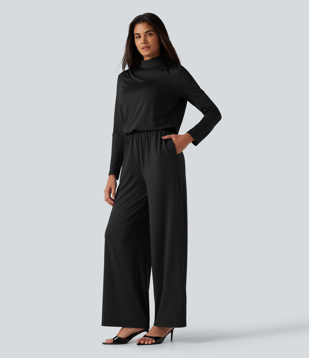 Stand Collar Long Sleeve Straight Leg Jumpsuit with Pockets-Edition — Black — view 3