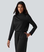Stand Collar Long Sleeve Straight Leg Jumpsuit with Pockets-Edition — Black — view 4