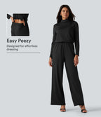 Stand Collar Long Sleeve Straight Leg Jumpsuit with Pockets-Edition — Black — view 1