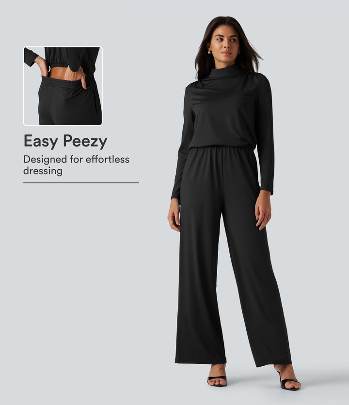 Stand Collar Long Sleeve Straight Leg Jumpsuit with Pockets-Edition — Black — view 1