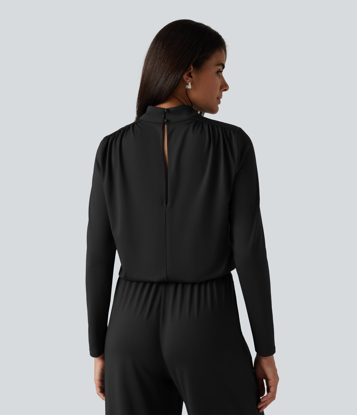 Stand Collar Long Sleeve Straight Leg Jumpsuit with Pockets-Edition — Black — view 5