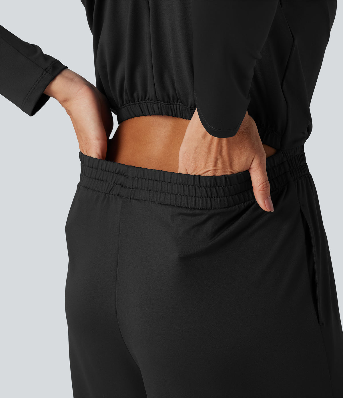Stand Collar Long Sleeve Straight Leg Jumpsuit with Pockets-Edition — Black — view 6