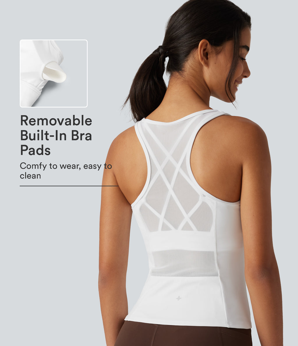 Crisscross Racerback Built-in Bra Contrast Mesh Dance Tank Top — White — view 1
