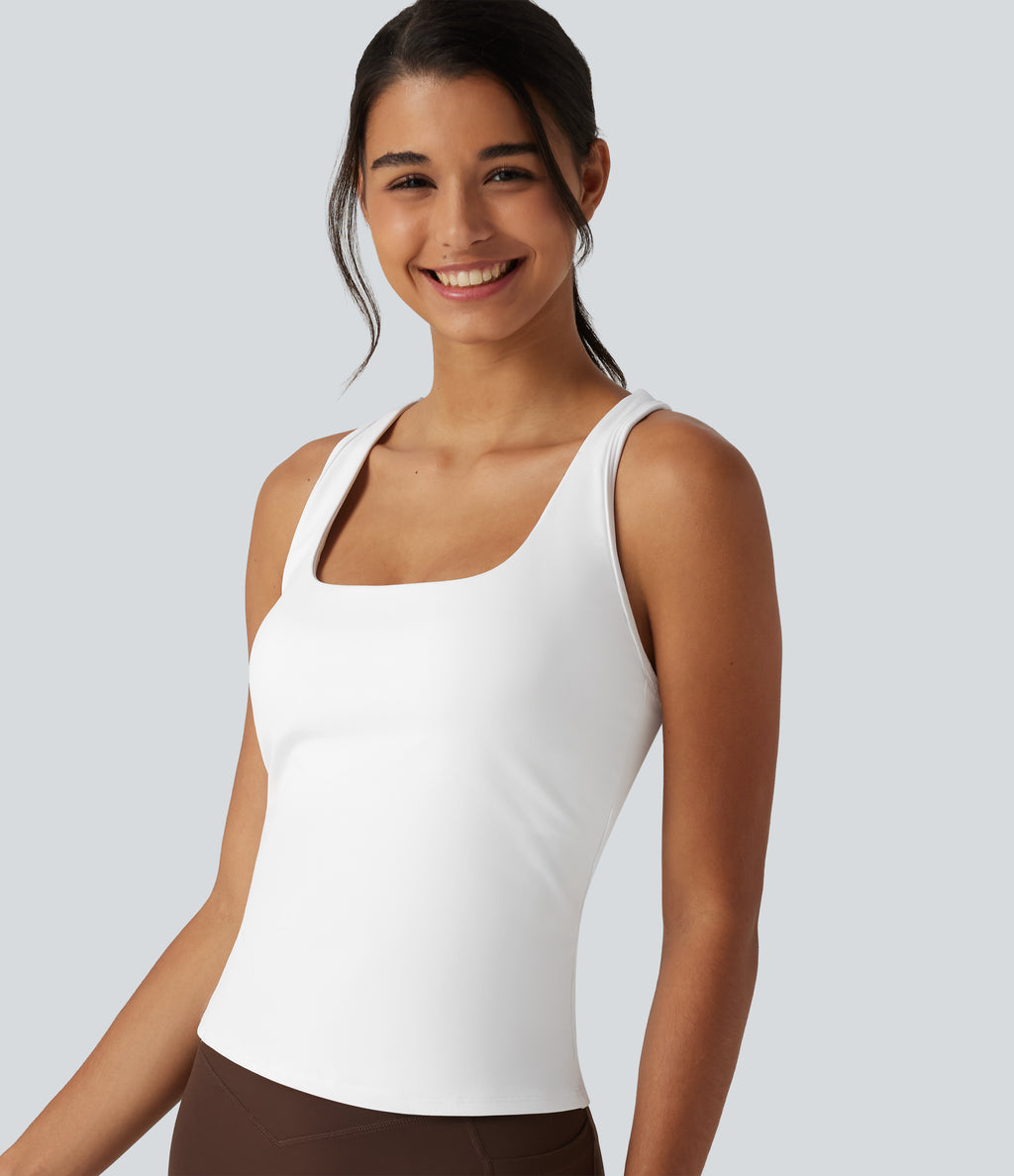 Crisscross Racerback Built-in Bra Contrast Mesh Dance Tank Top — White — view 5