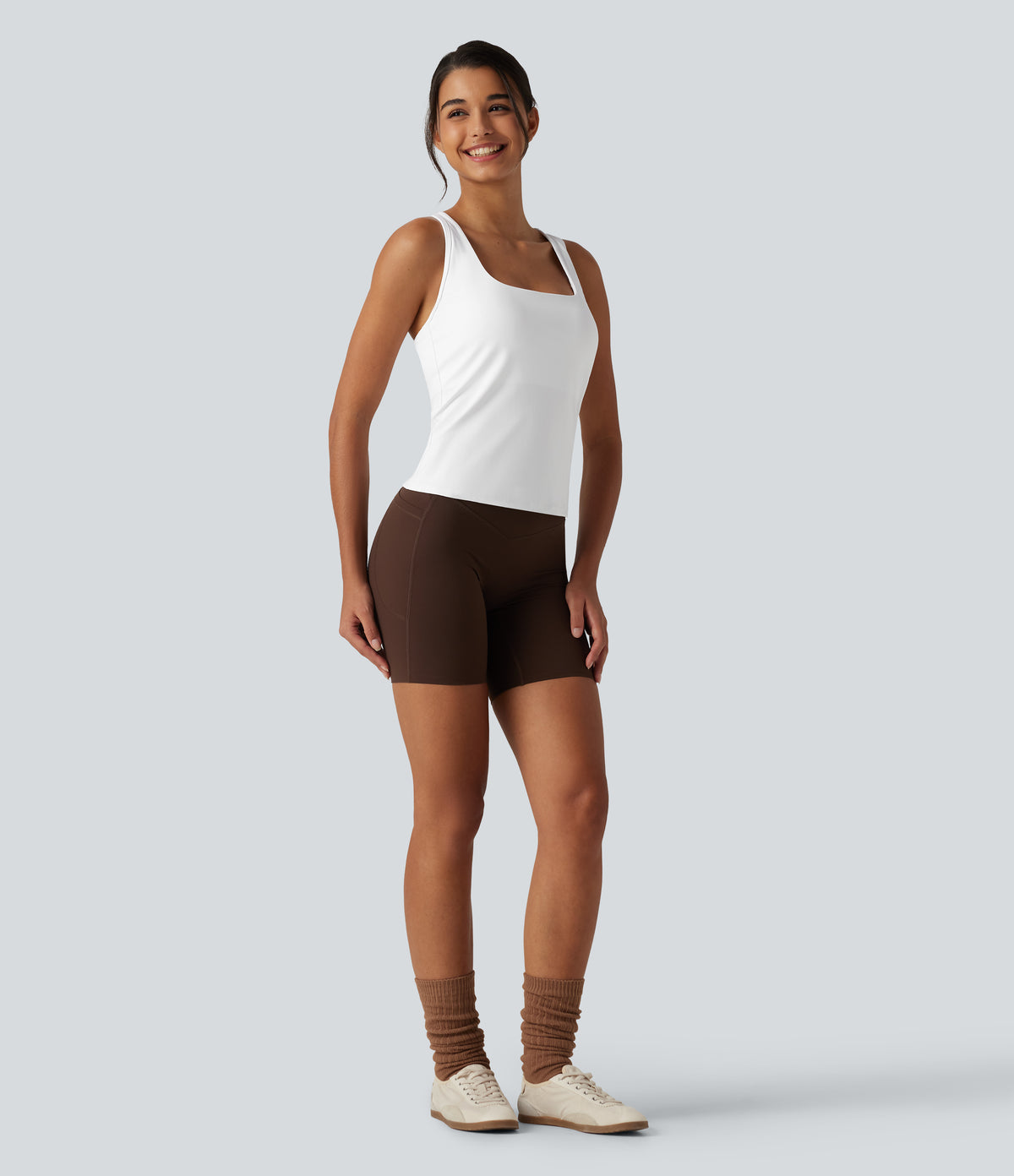 Crisscross Racerback Built-in Bra Contrast Mesh Dance Tank Top — White — view 7