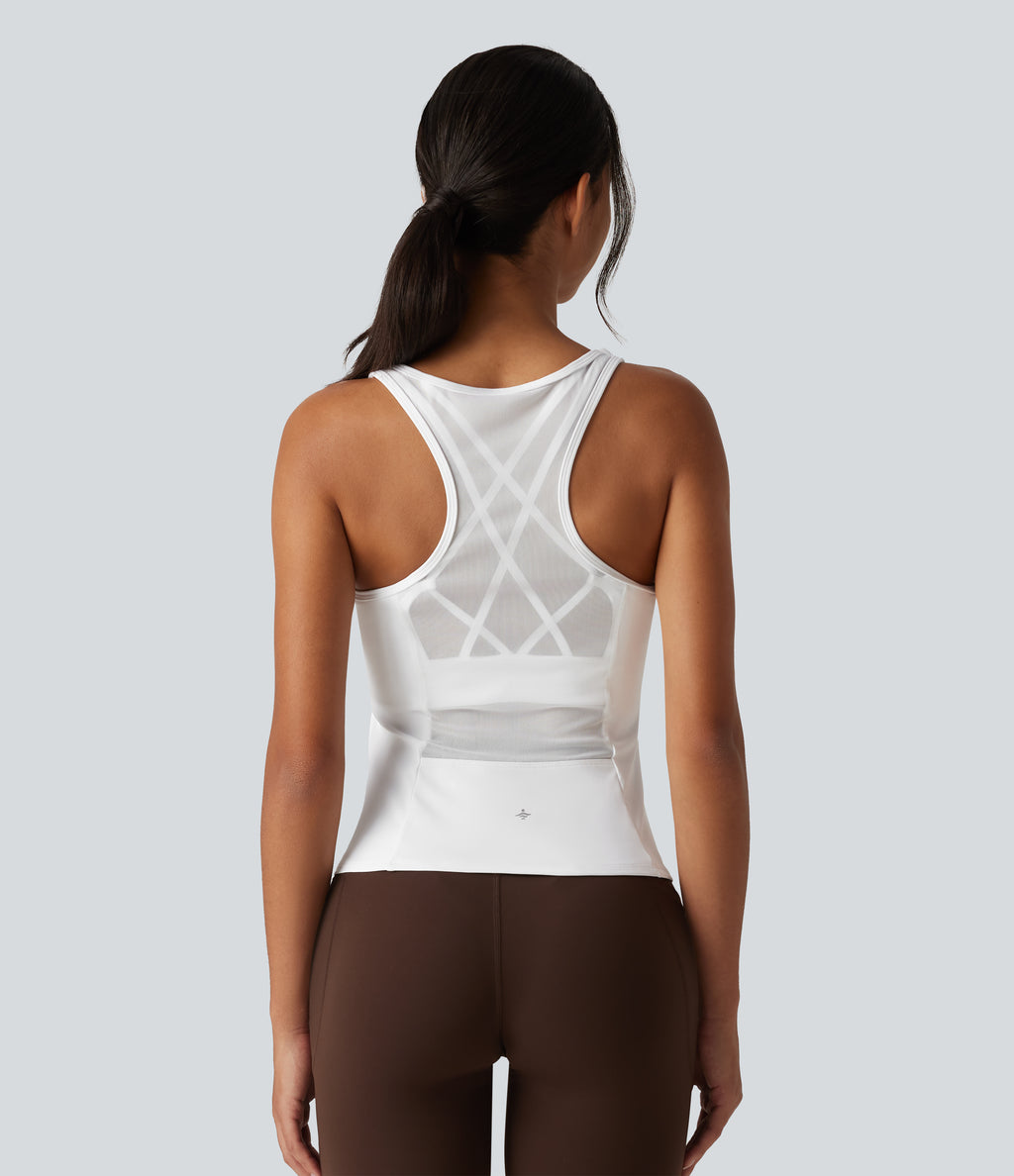 Crisscross Racerback Built-in Bra Contrast Mesh Dance Tank Top — White — view 4