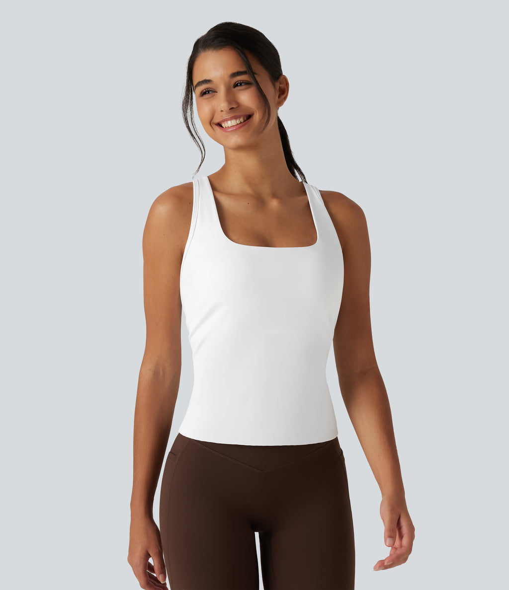 Crisscross Racerback Built-in Bra Contrast Mesh Dance Tank Top — White — view 2