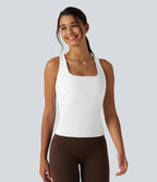 Crisscross Racerback Built-in Bra Contrast Mesh Dance Tank Top — White — view 2
